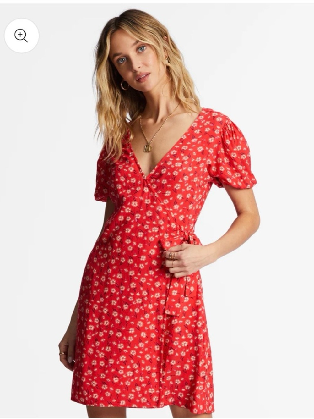 NWT Billabong Red Floral Wrap Midi Dress with Puff Sleeves